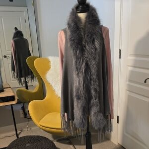 Gray Faux Fur Trim Vest with Fringe, OS